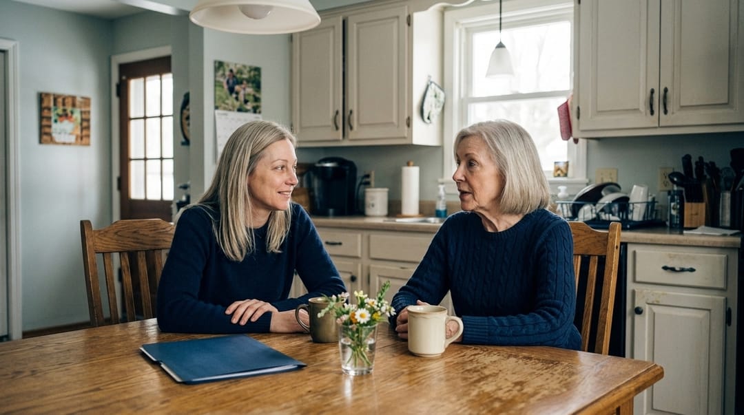 A woman and her mother sitting at a kitchen table in bright morning light, turned toward each other talking, with a closed folder and two mugs on the table