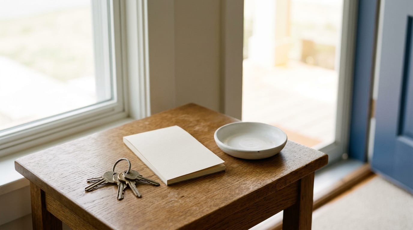 House keys and a notepad on a hall table beside a front door standing open to daylight