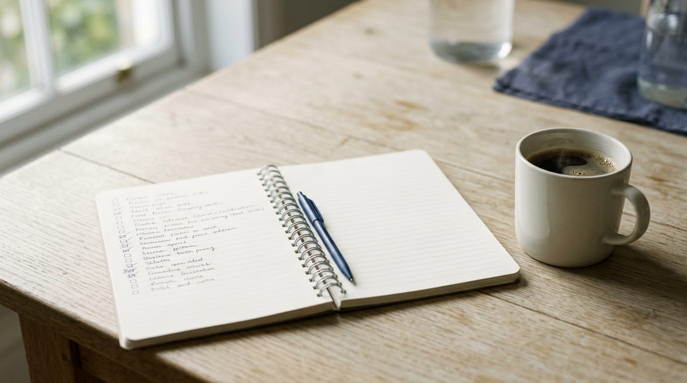 An open notebook on a kitchen table showing a handwritten checklist, with a pen and a mug