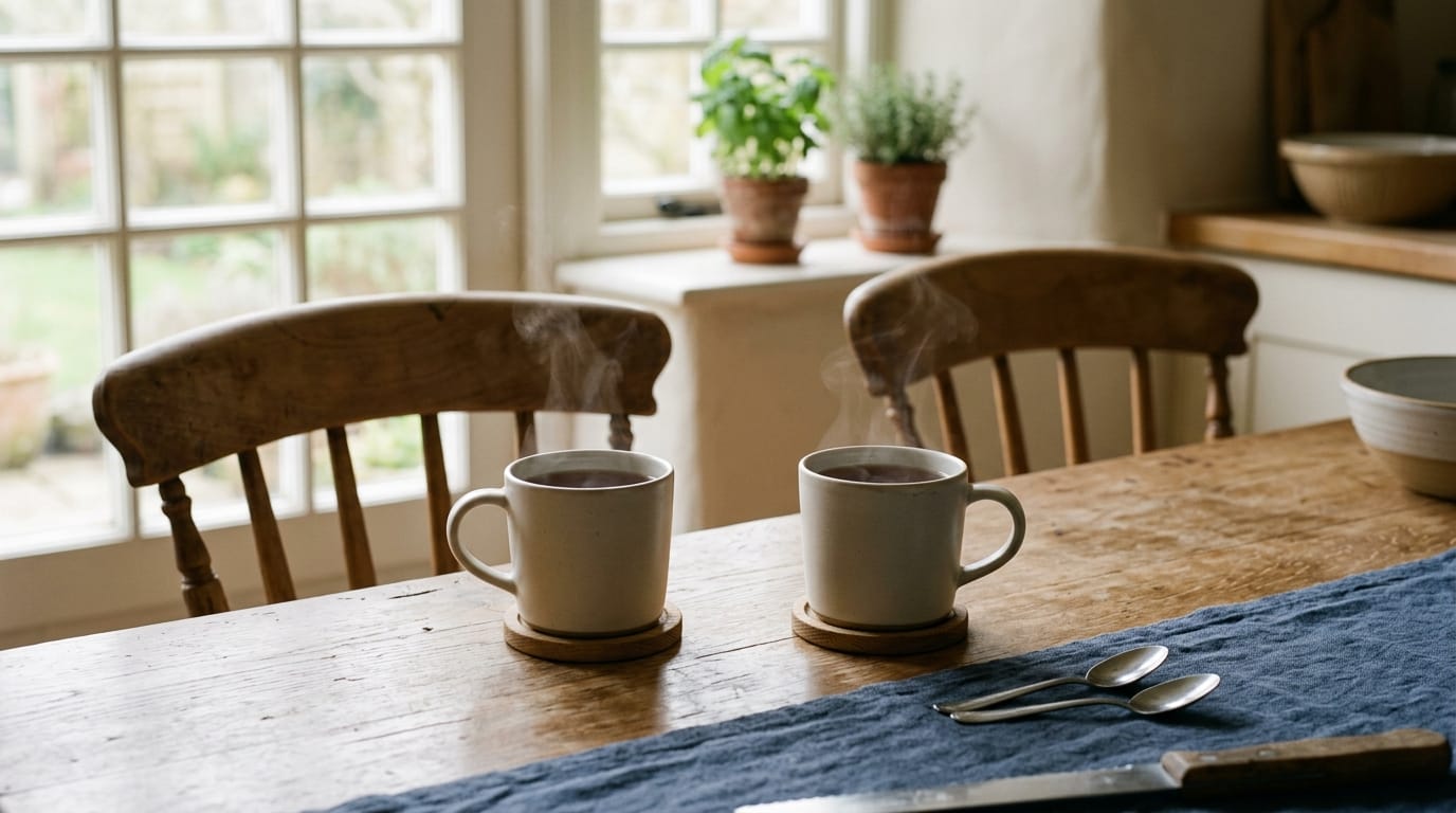 Two mugs of tea facing each other across a kitchen table between two empty chairs