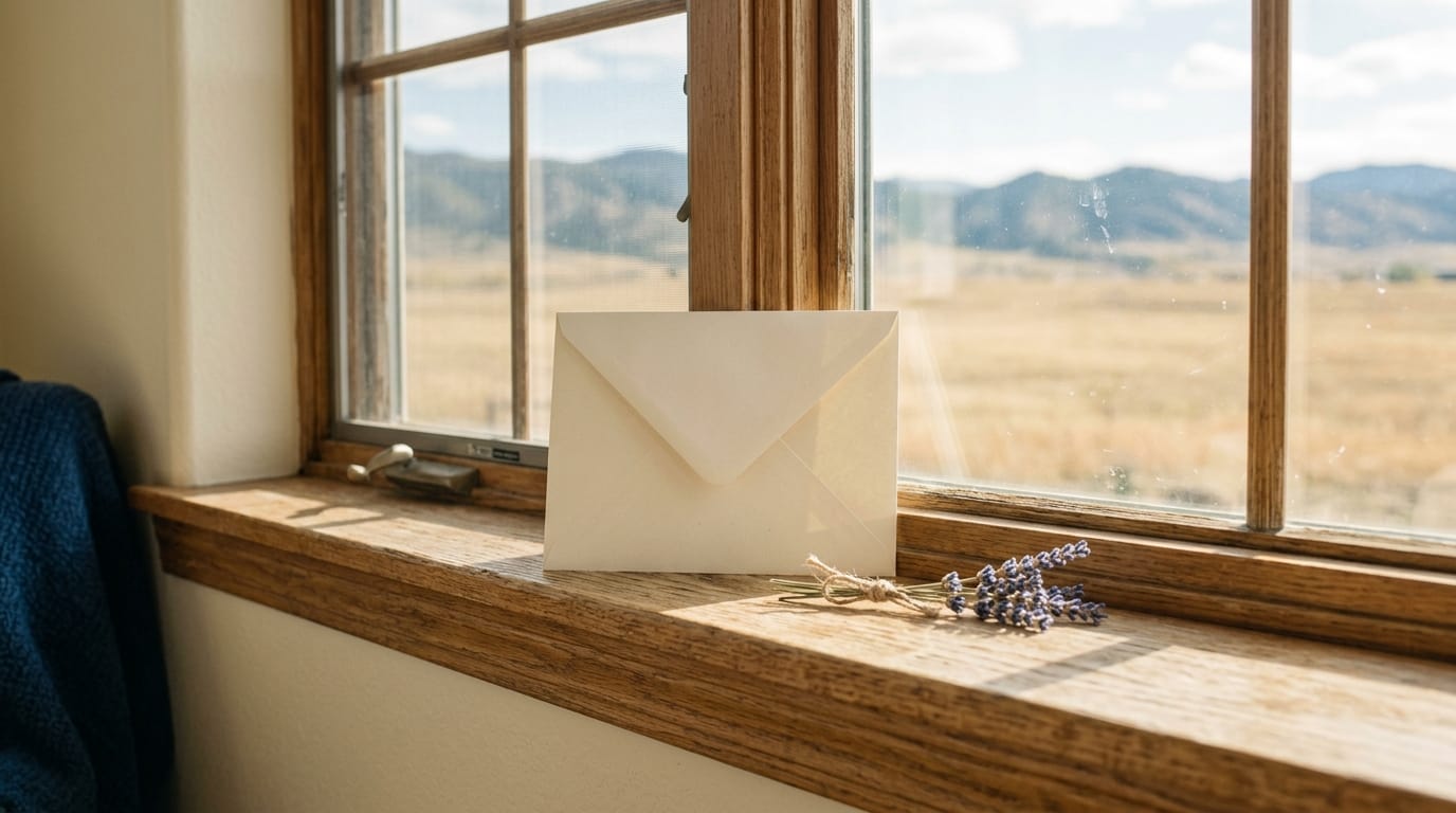 A sealed cream envelope and a sprig of dried lavender on a sunlit windowsill above golden prairie