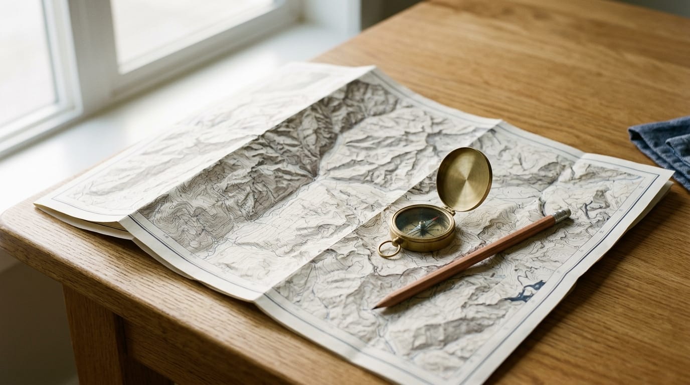 An open paper topographic map on a table with a brass compass and a pencil resting on it