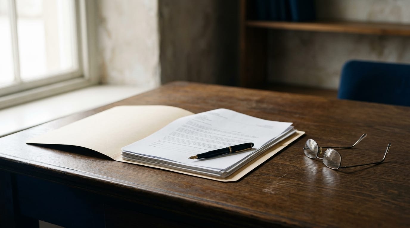 Printed documents in an open manila folder on a desk, with a fountain pen and reading glasses