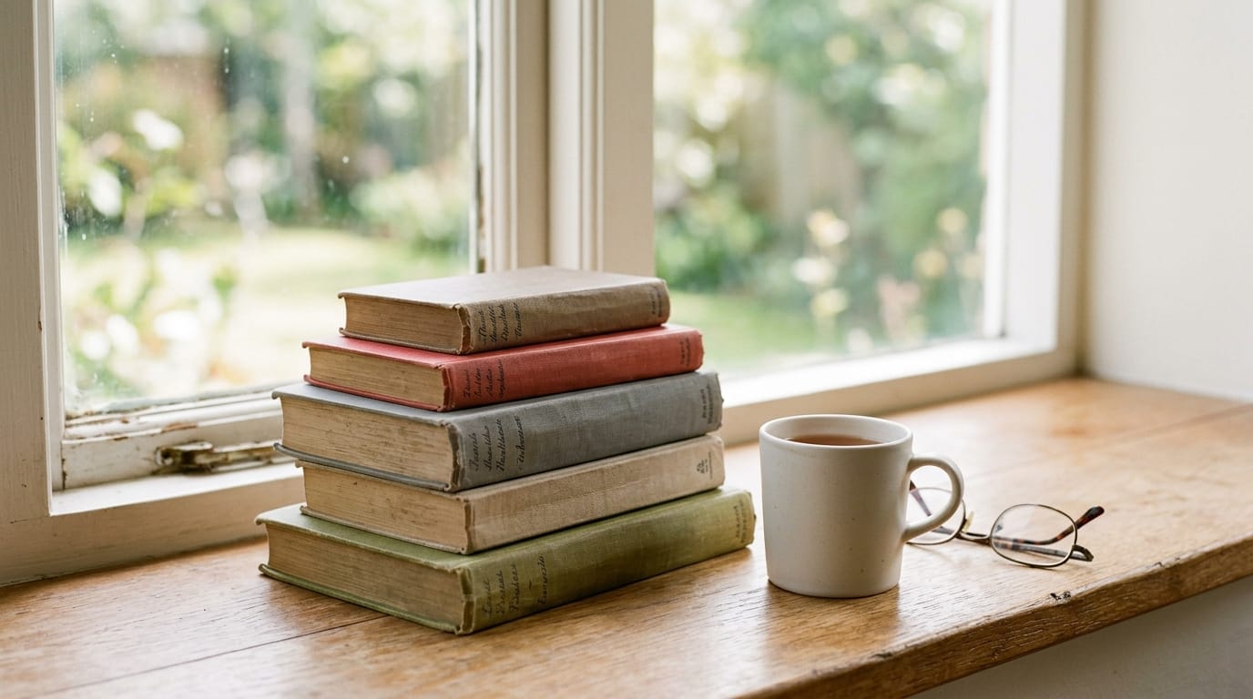 A stack of ordinary well-read books on a sunlit windowsill beside a mug and reading glasses
