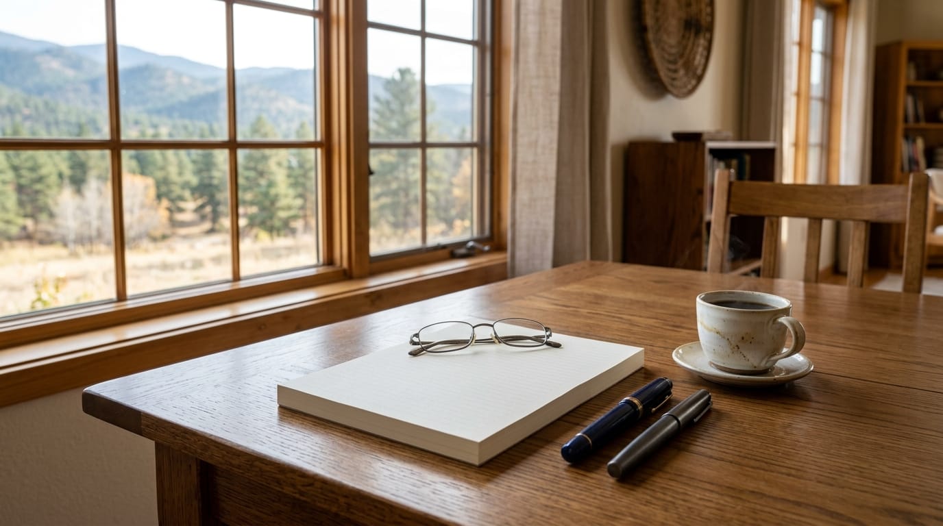 A dining table by a window with a stack of plain paper, reading glasses and two pens, ready for an appointment