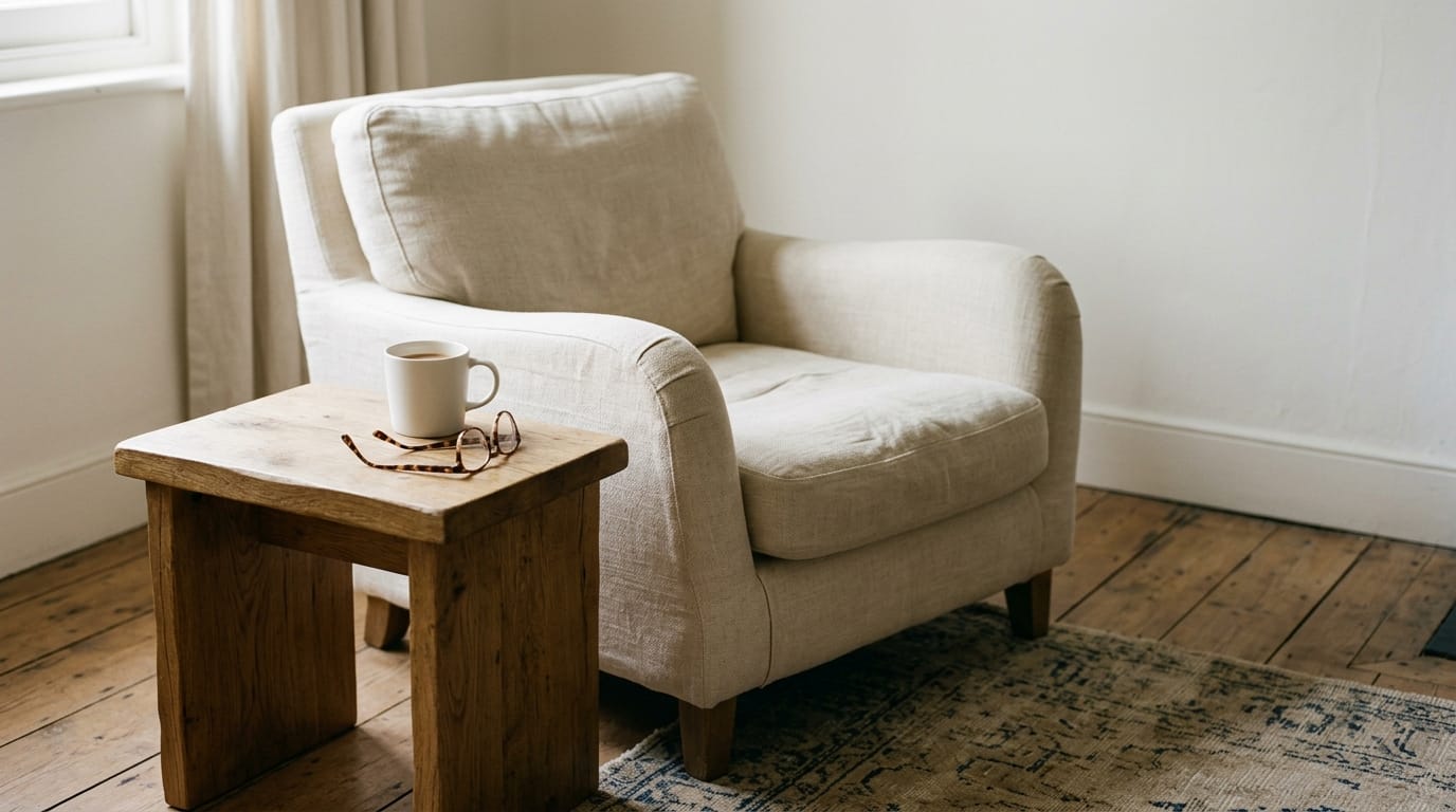 A quiet armchair by a window with a mug and reading glasses on a side table in afternoon light