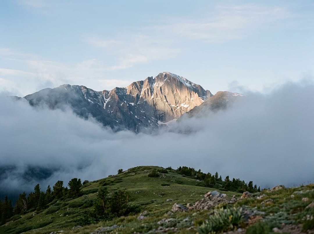 A single peak rising above a layer of low cloud, the route up partly hidden