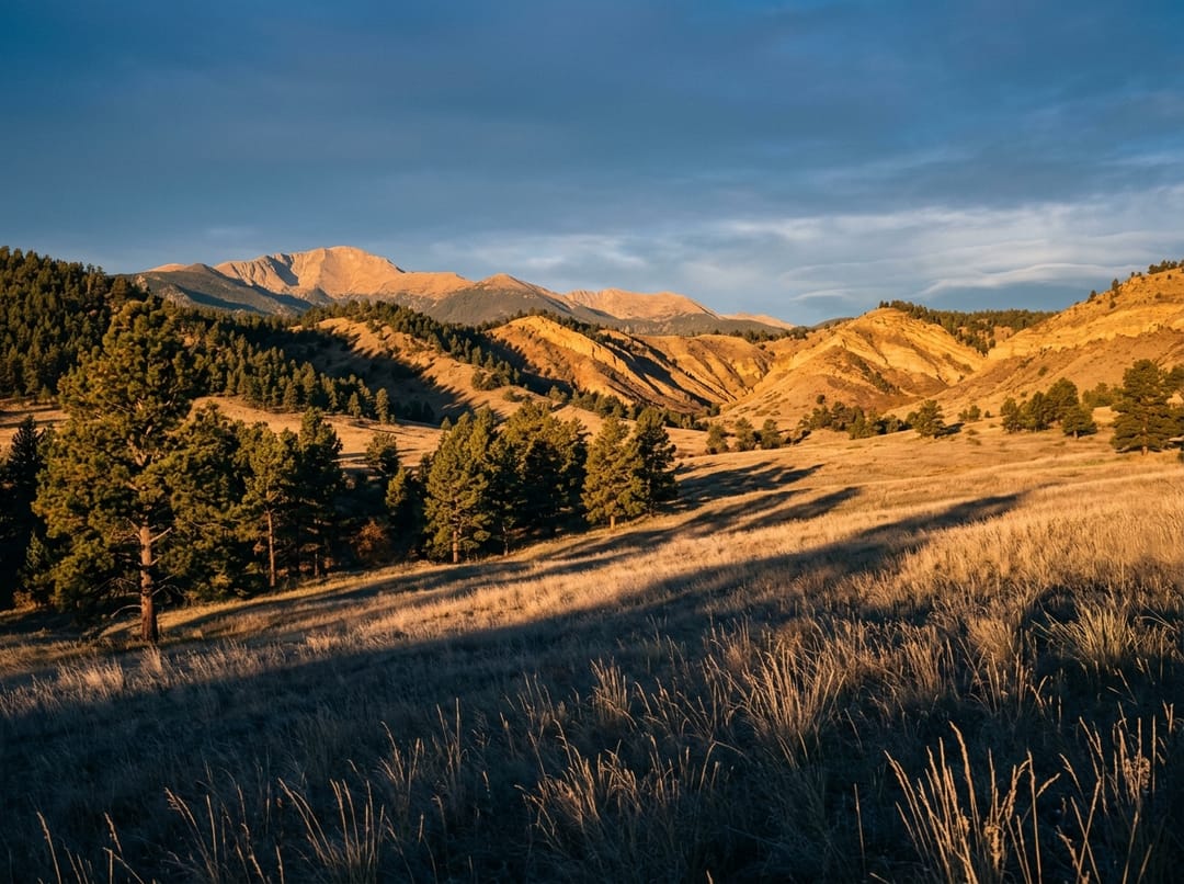 The same range in golden-hour light, long shadows across the prairie grass