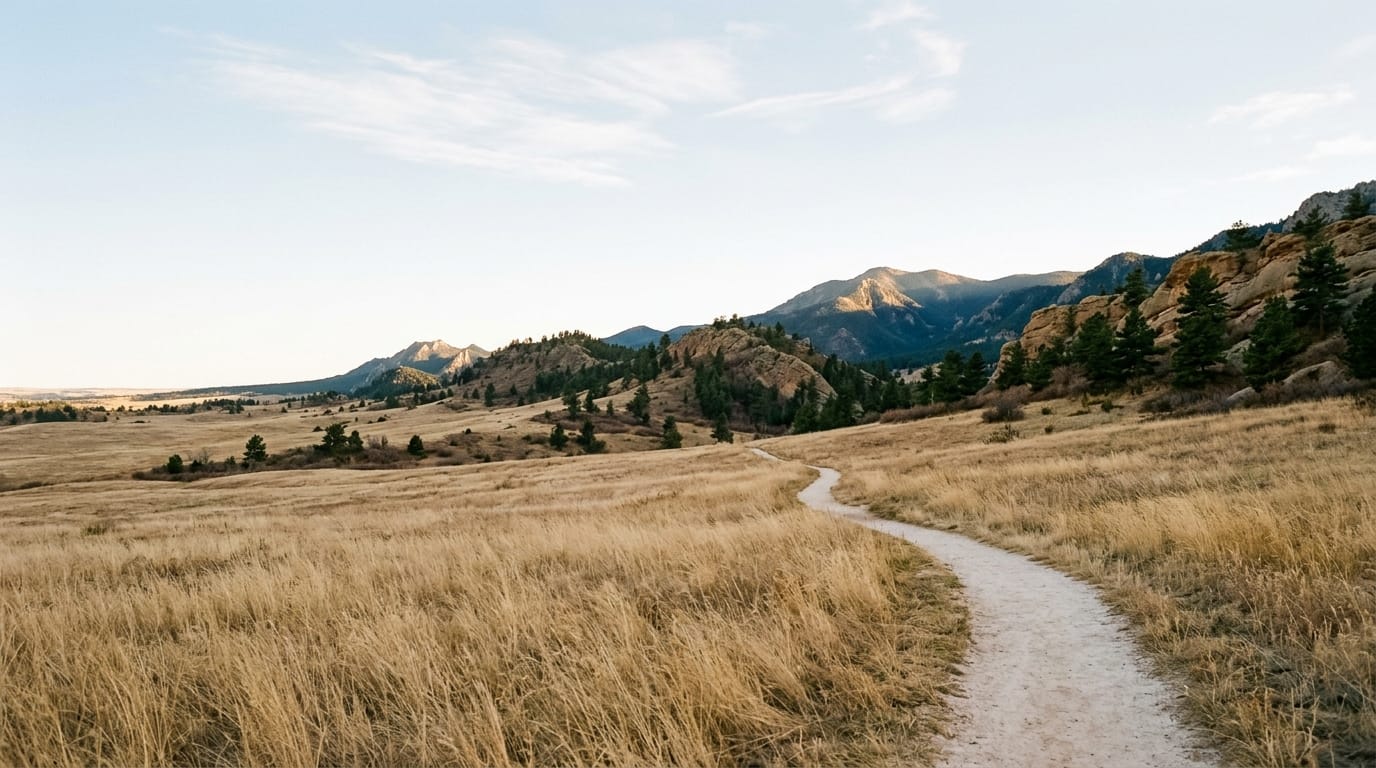 An open footpath through golden prairie grass leading toward the Colorado foothills in early evening light