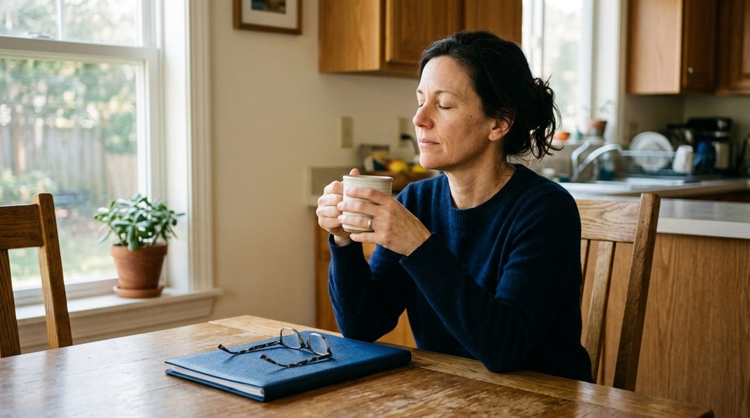 A woman sitting at a sunlit kitchen table holding a mug, with a closed navy folder and her reading glasses in front of her