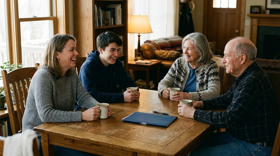 Three generations talking and laughing around a table in warm evening light, a closed navy folder set aside