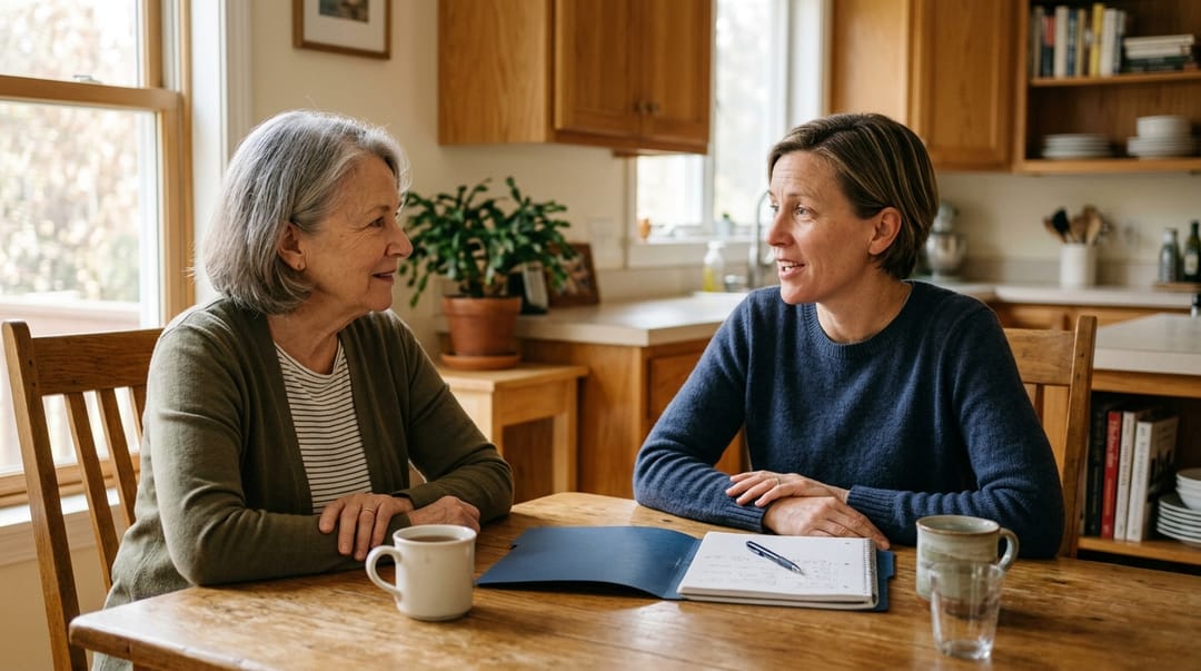 Two women talking across a bright kitchen table, an open navy folder and a notebook between them